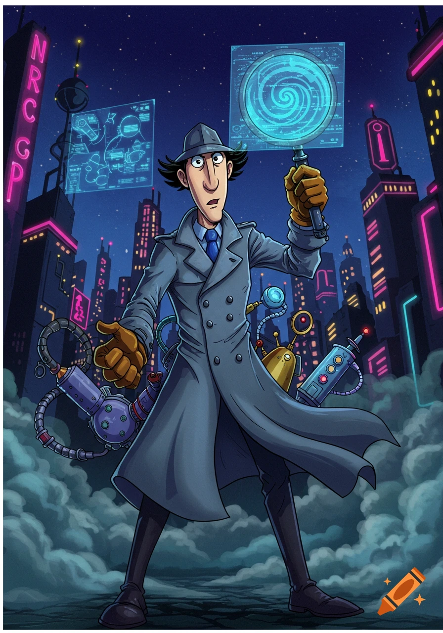 Cartoon Inspector Gadget in a futuristic city at night, holding a magnifying glass with a blue digital display, with glowing gadgets.