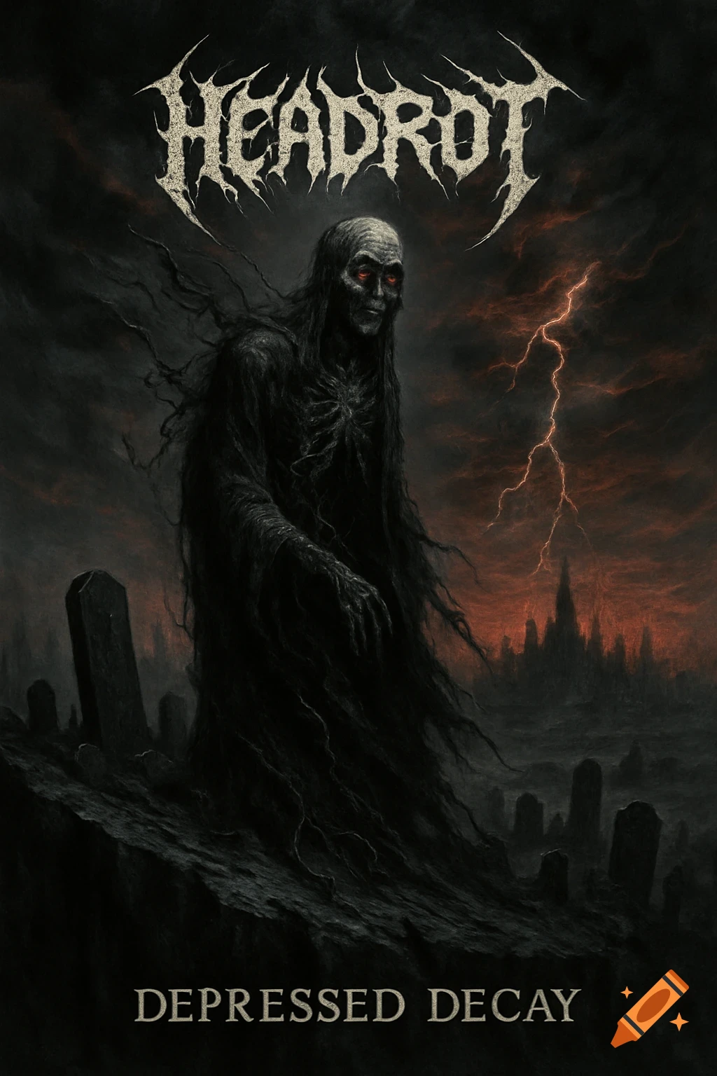 Dark gothic death metal album art of a skeletal cloaked figure in a stormy graveyard. Features 'HEADROT' and 'DEPRESSED DECAY' text.