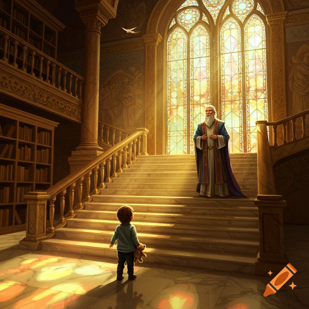 A child holding a teddy bear looks up at an old man on a grand staircase in a sunlit hall with a large stained-glass window.