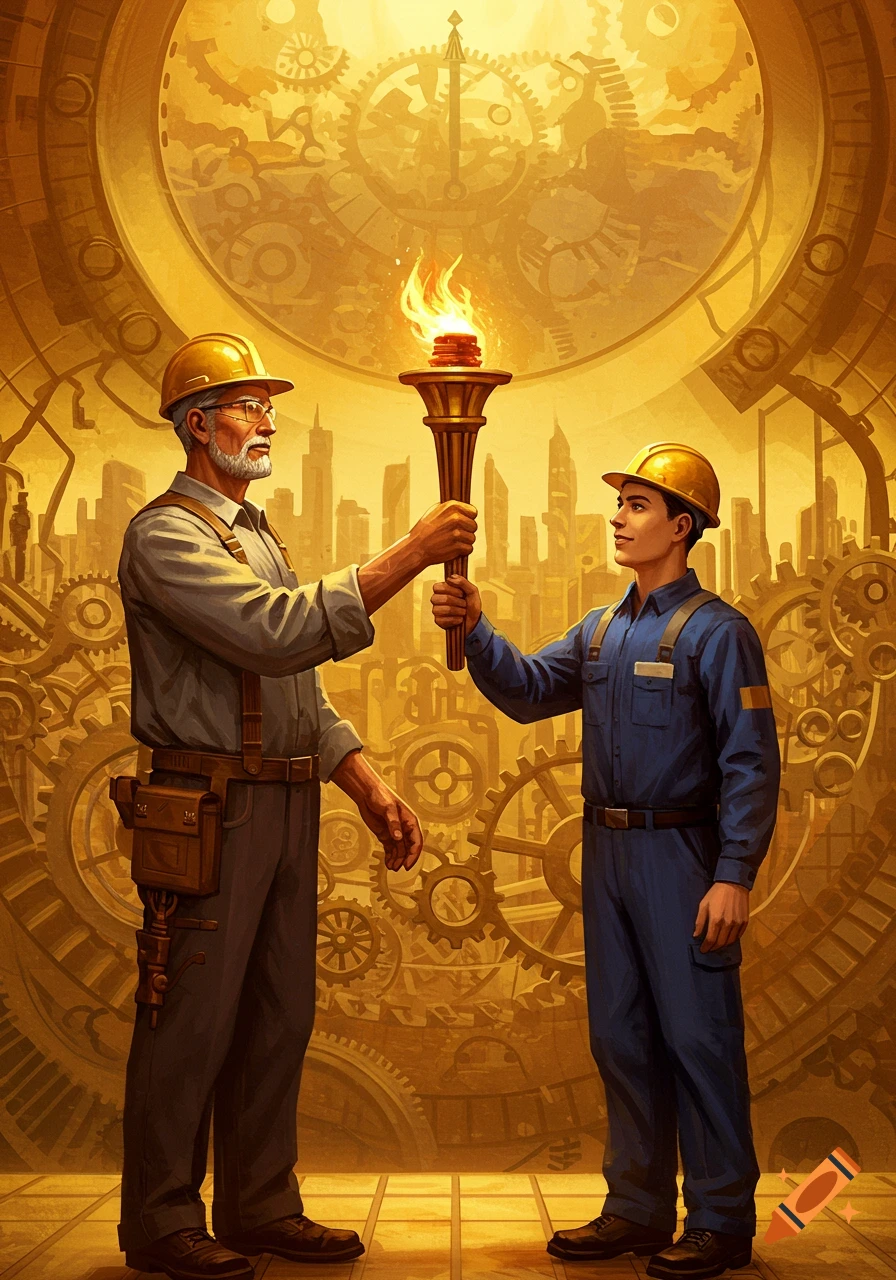 Two workers, an older man and a younger man, pass a flaming torch against a golden industrial background with gears and a city skyline.