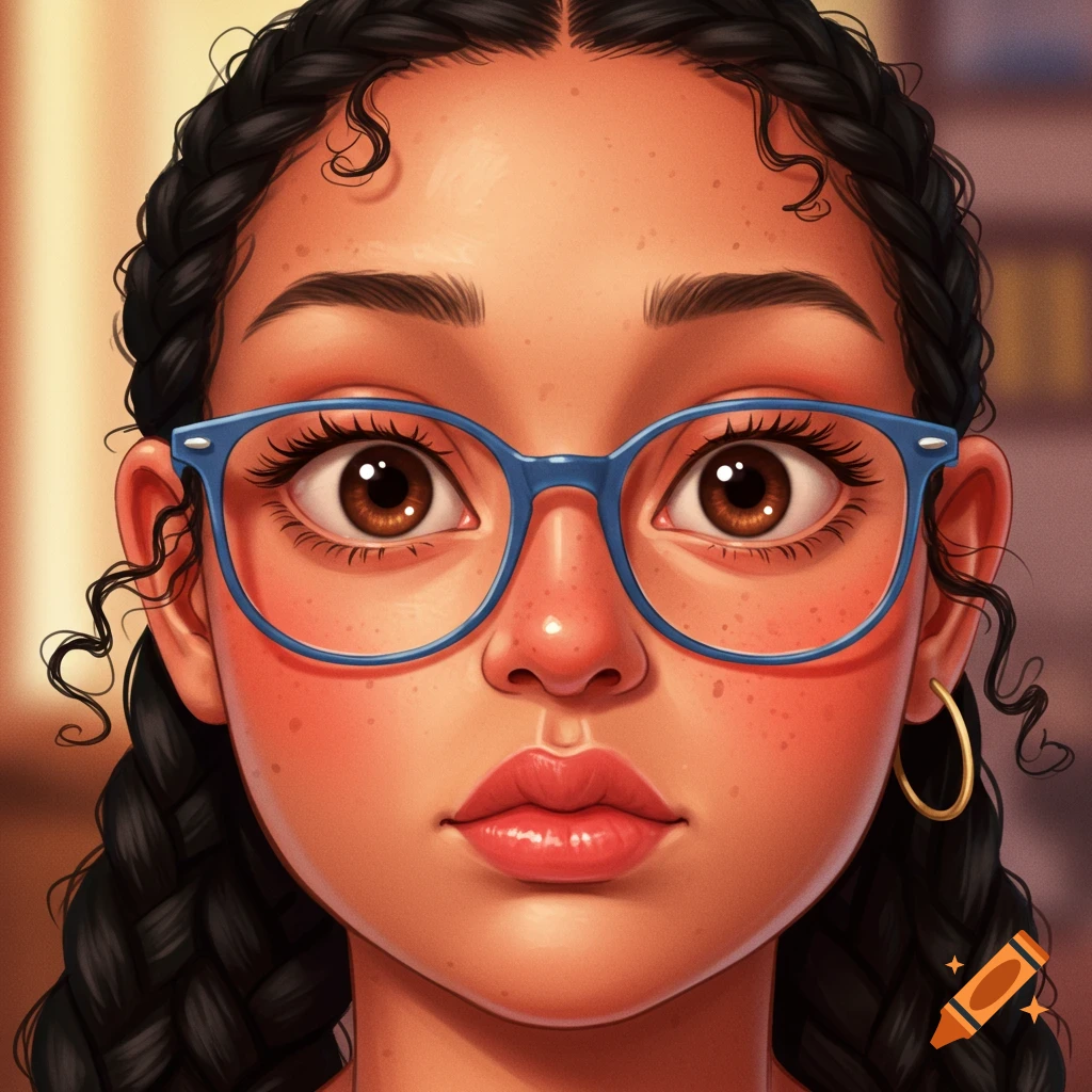 Stylized portrait of a girl with brown eyes, blue glasses, full lips, and black braids with curly hairs sticking out.