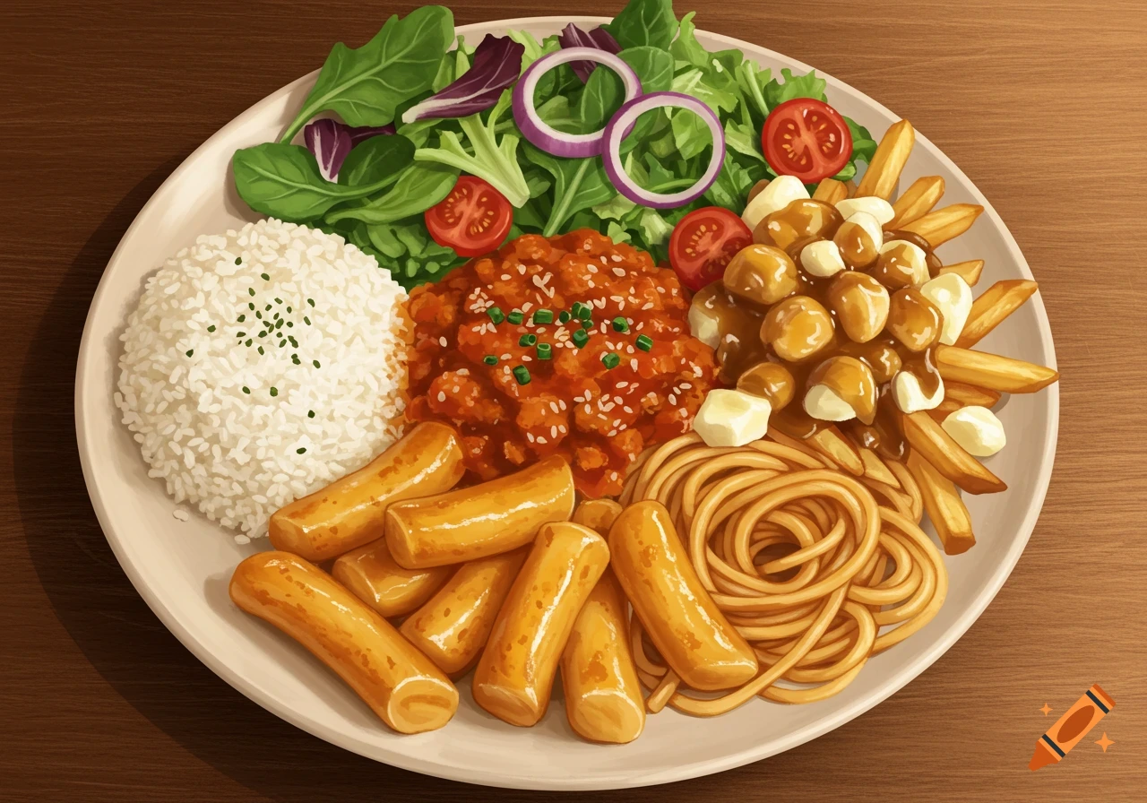 An illustrative overhead view of a large white plate filled with diverse dishes: tteokbokki, white rice, spaghetti, poutine, and a fresh green salad.
