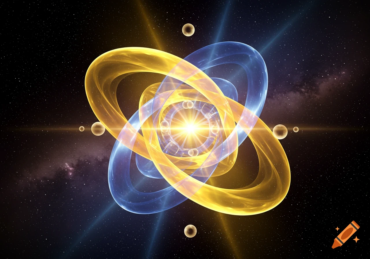 Abstract glowing yellow and blue interlocking rings with a bright center and small spherical elements in a starry deep space background.
