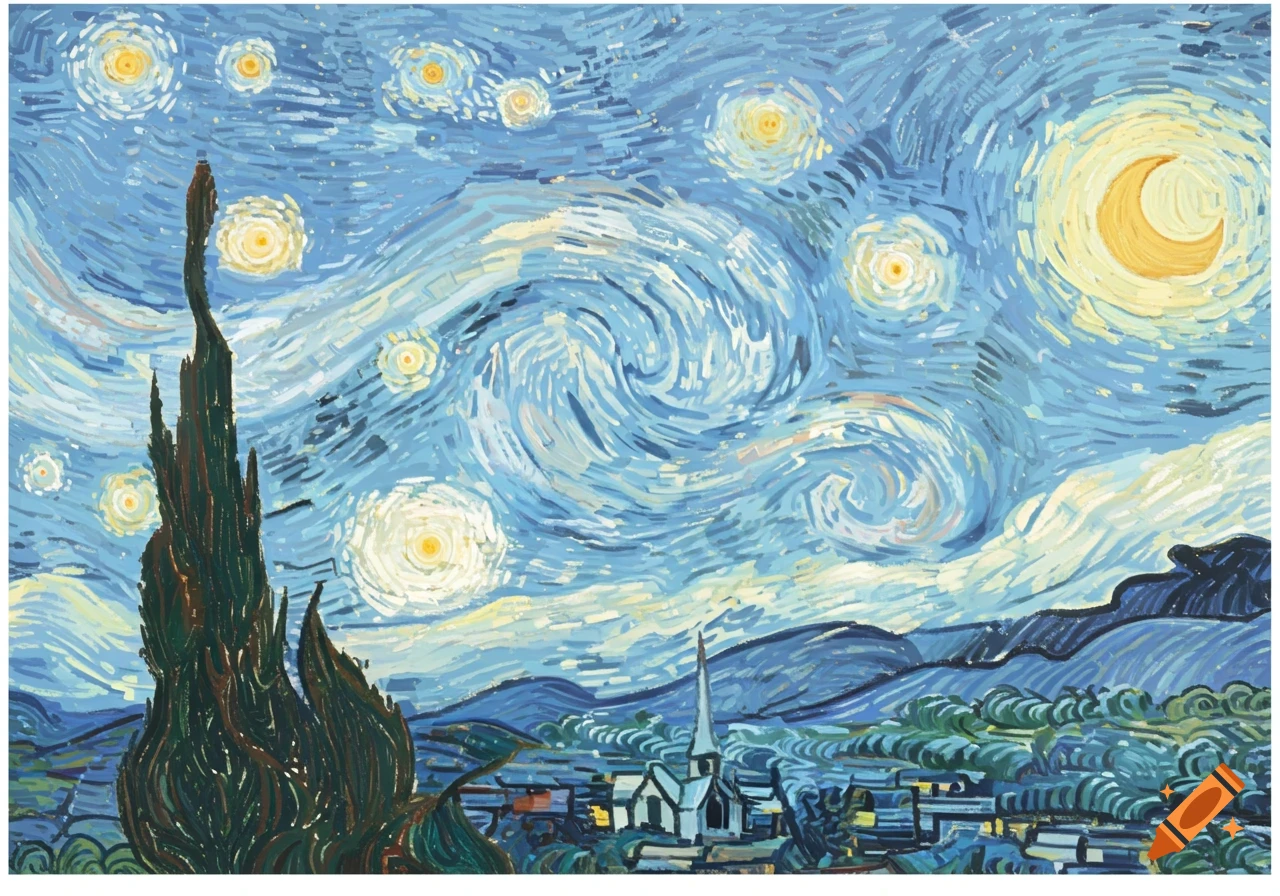 A vibrant painting in Van Gogh's style showing a swirling blue night sky with bright stars and a crescent moon over a village with a cypress tree.