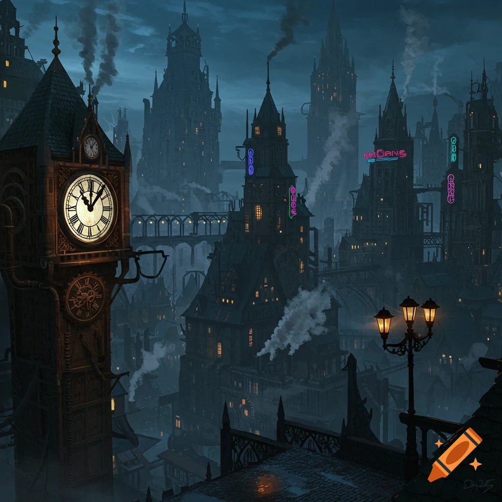 A dark, gloomy gothic steampunk cityscape at night, featuring a clock tower, ornate buildings, neon signs, and smoke.