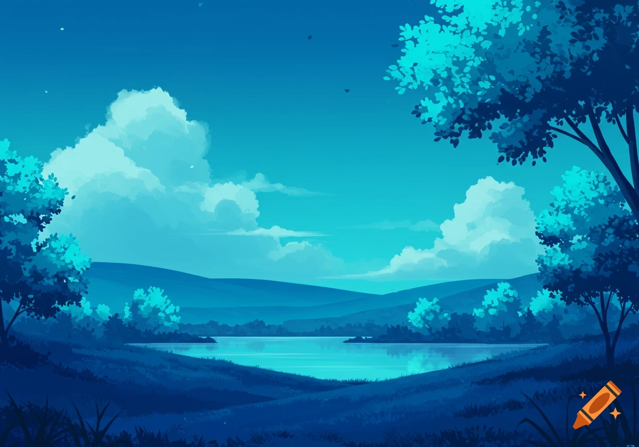 Stylized blue and teal landscape painting of a serene lake surrounded by trees and rolling hills under a cloudy sky.