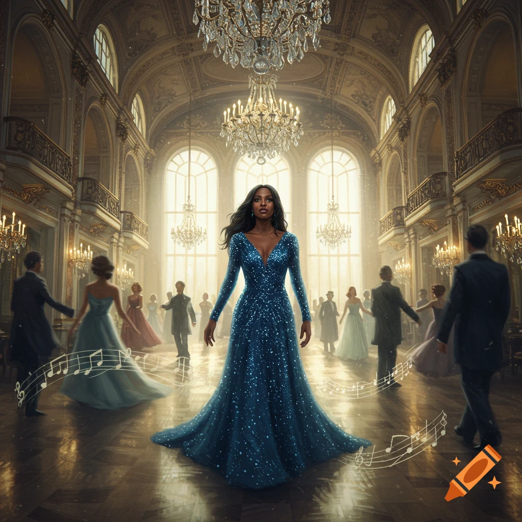 A Black woman in a sparkling blue gown stands in a grand ballroom, surrounded by blurry dancing people and floating musical notes.