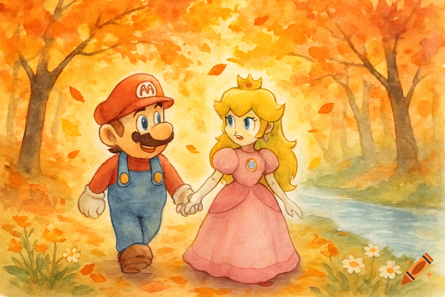Mario and Princess Peach hold hands in an autumn forest with falling leaves and a river, painted in watercolor style.