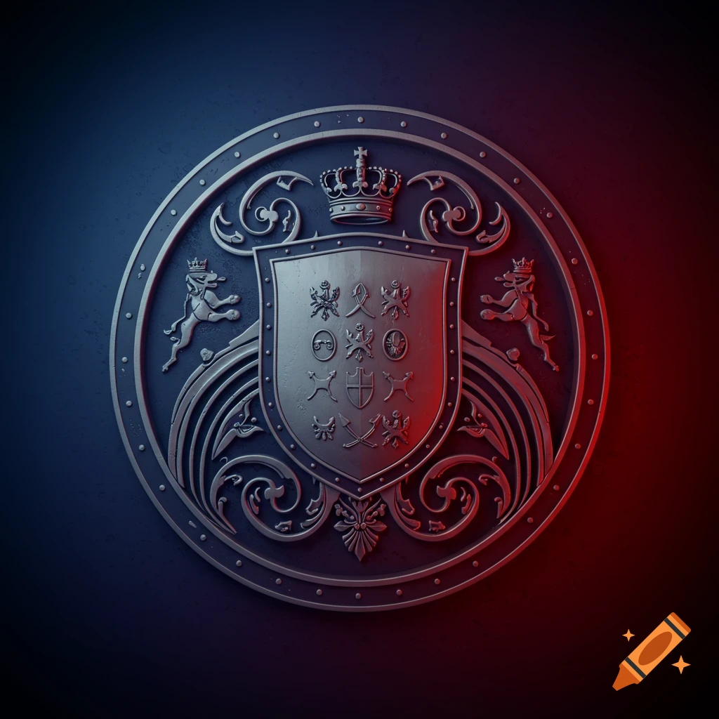 A detailed metallic heraldic crest with a central shield, crown, and flanking lions, against a dark background with red and blue light.