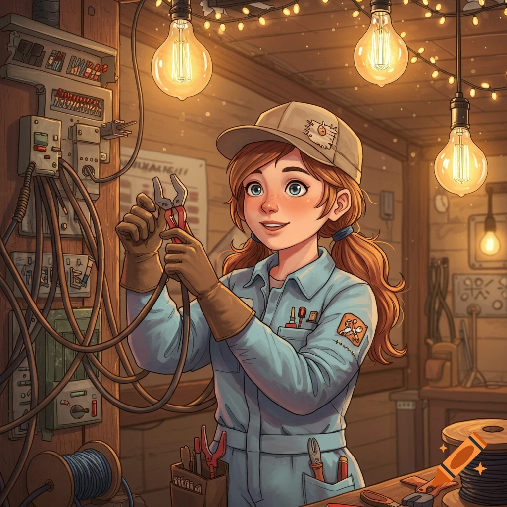 Smiling cartoon female electrician in a workshop, holding pliers amidst wires, tools, and glowing light bulbs.