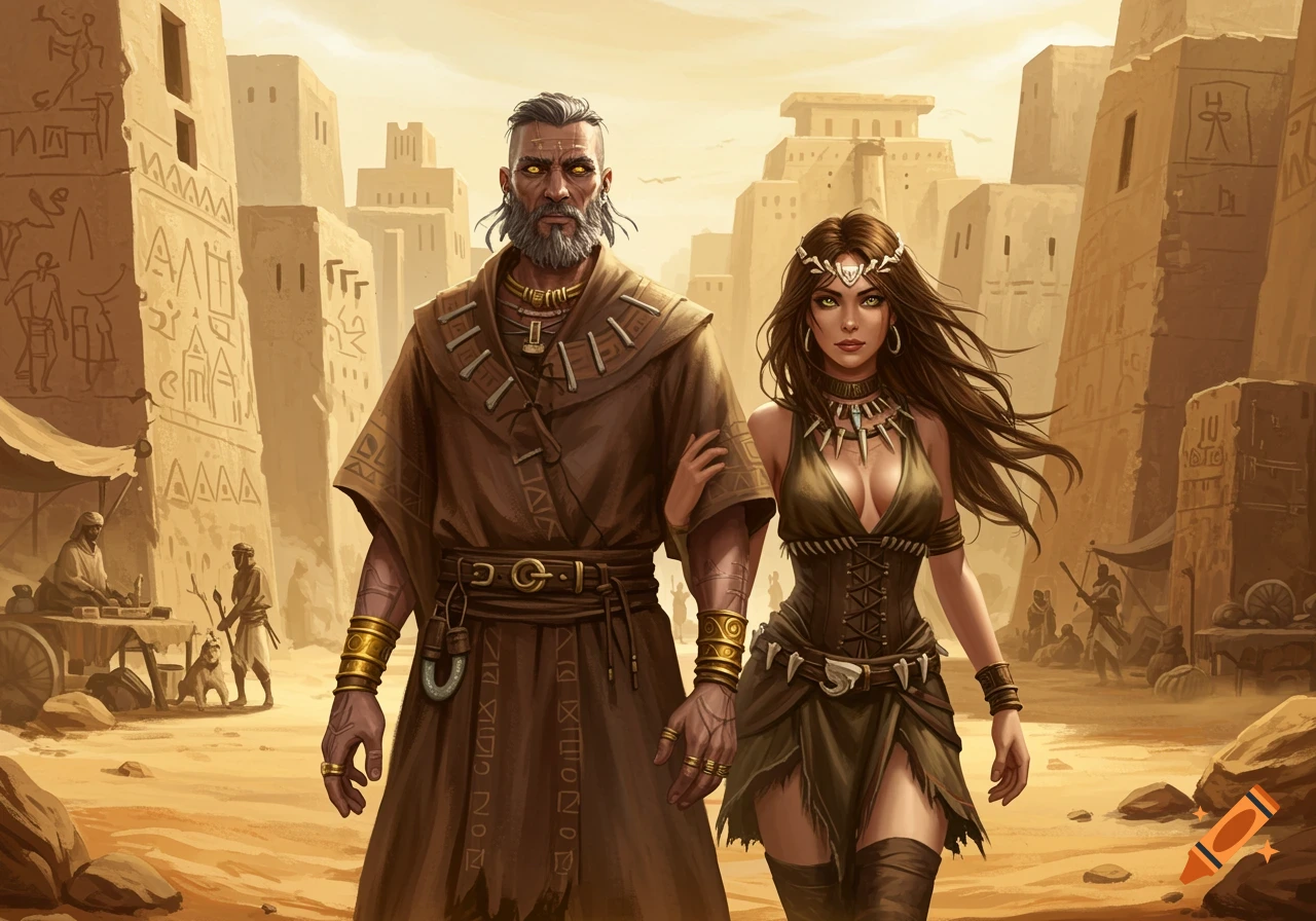 A bearded man with yellow eyes and a woman in a skimpy outfit walk through a prehistoric desert city. Digital fantasy art.