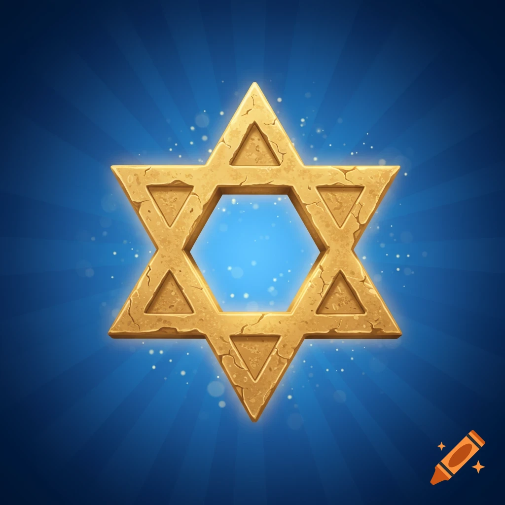 A glowing, cracked golden Star of David against a radiant blue background.