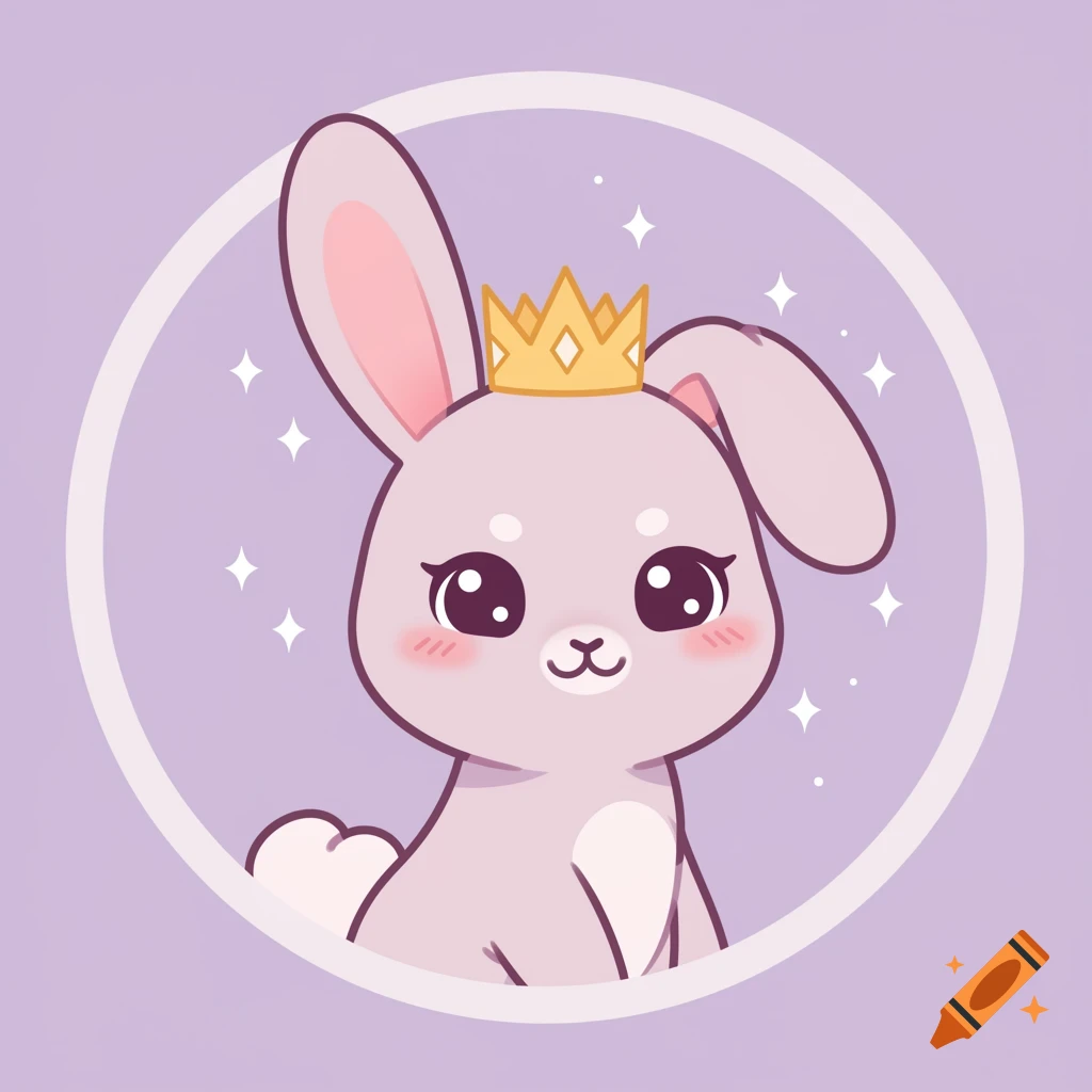 Cute light purple cartoon rabbit with a golden crown, inside a circular frame with sparkles.