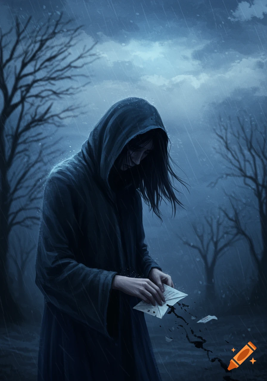 A hooded figure with long dark hair tears a letter that bleeds ink in the heavy rain, surrounded by bare trees in a dark, melancholic art style.