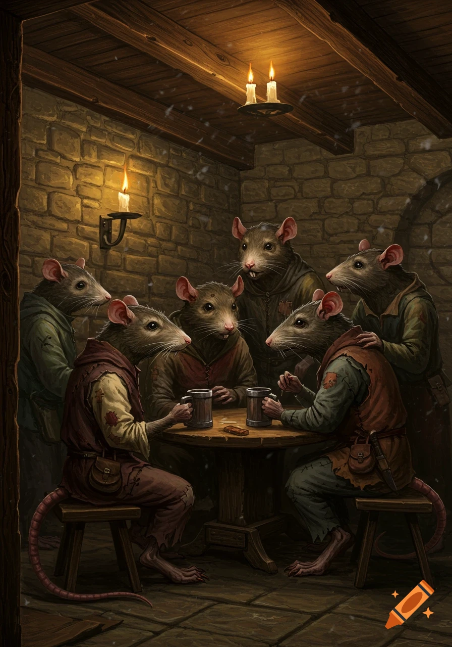 Six anthropomorphic rats in medieval attire sit around a wooden table in a dimly lit tavern, lit by candlelight.