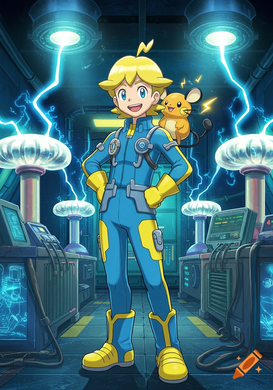Anime character Clemont in a blue jumpsuit with Dedenne on his shoulder, in an electrical lab with sparking Tesla coils.