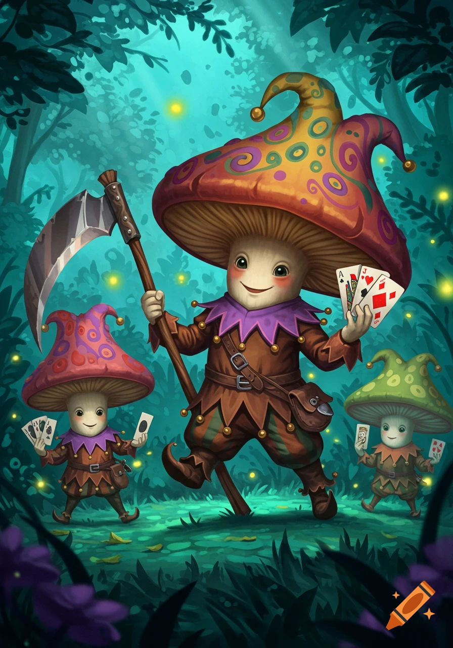 A large mushroom jester with two smaller ones in a magical forest. The main jester holds a scythe and playing cards.