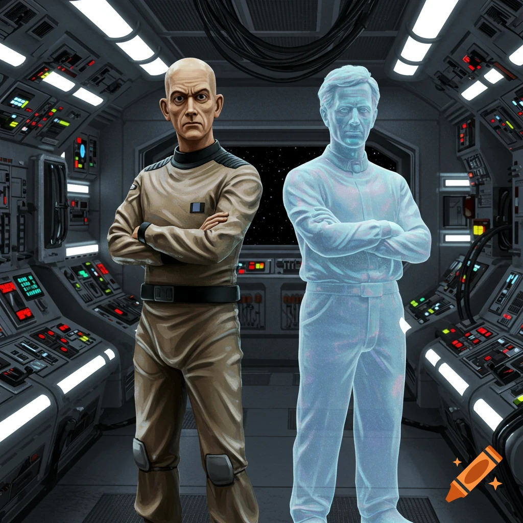 A bald man and a translucent, holographic man stand with crossed arms in a detailed spaceship cockpit filled with glowing controls.