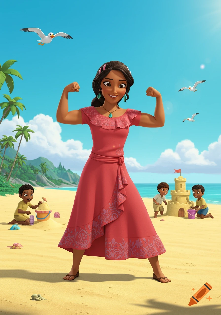 Cartoon Elena of Avalor in a red dress flexes muscles on a sunny beach with kids playing and seagulls flying.