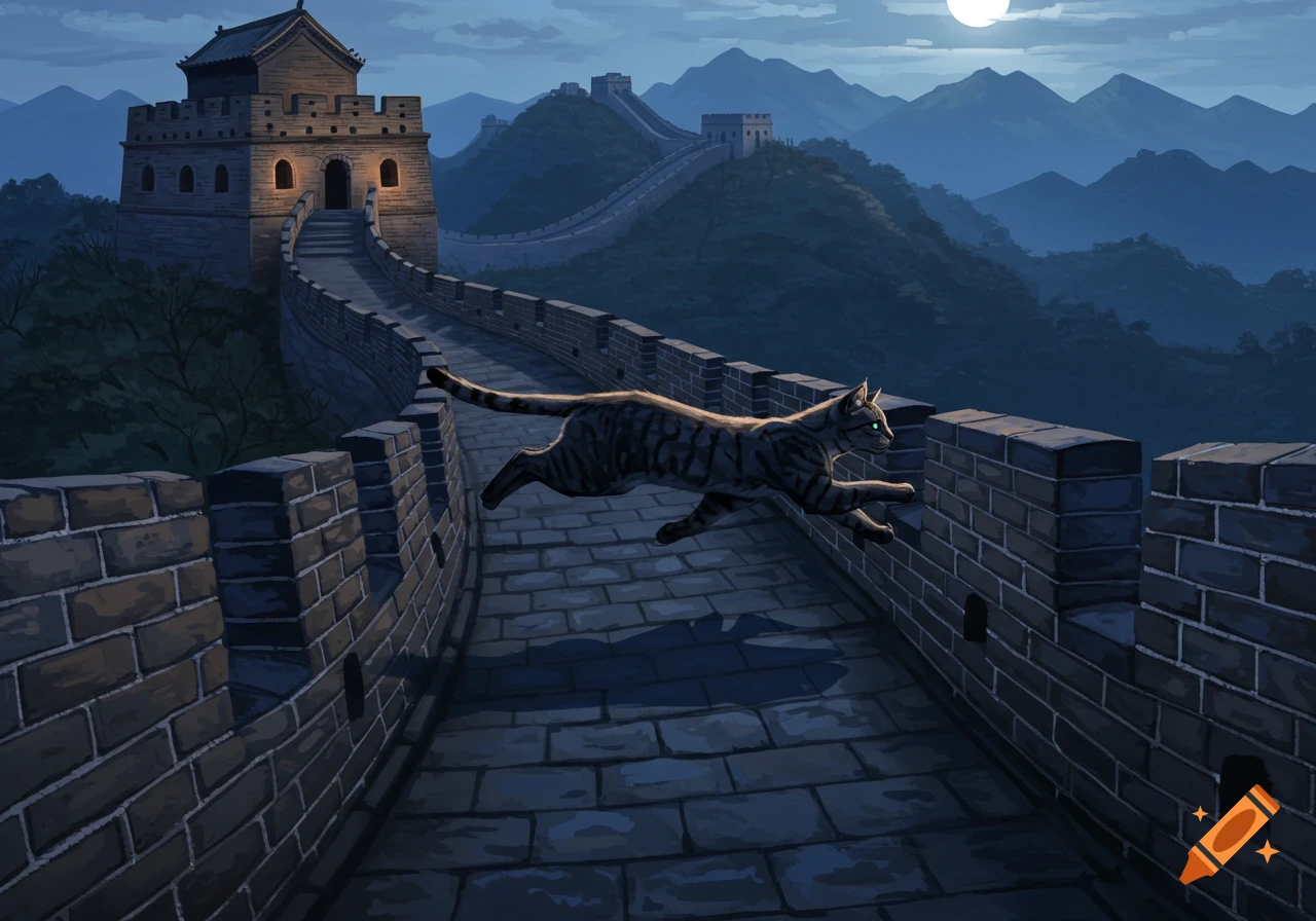 A striped cat runs along the Great Wall of China under a full moon at night, illustrated.