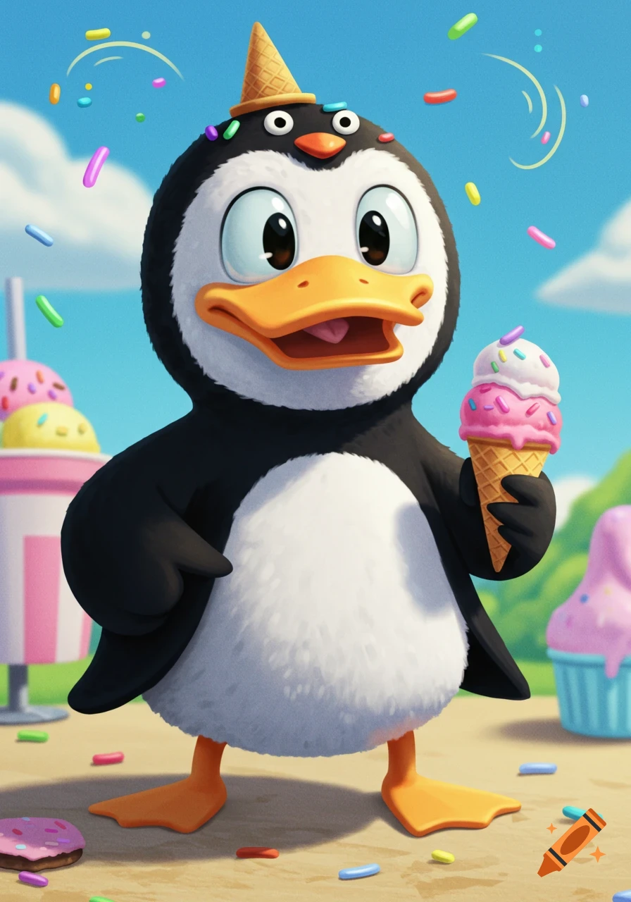 A cartoon penguin wearing an ice cream cone hat, holding a pink ice cream cone, surrounded by colorful sprinkles under a blue sky.