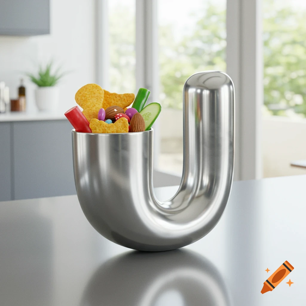 A metallic letter U snack bowl filled with various snacks, including chicken nuggets, candies, almonds, and cucumber slices, on a kitchen counter.