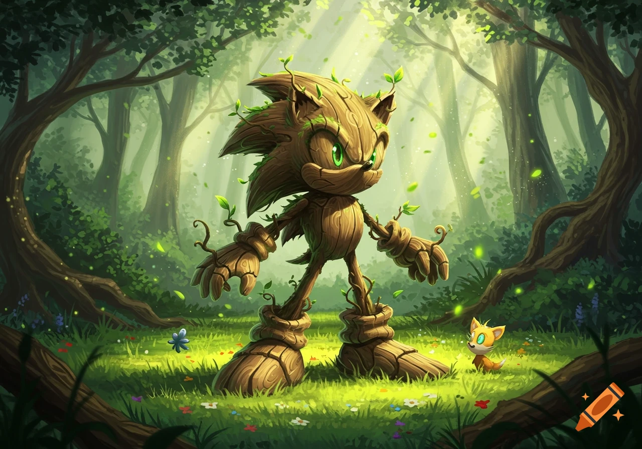 A wooden Sonic, covered in leaves, with glowing green eyes stands in a sunlit forest with a small orange fox.