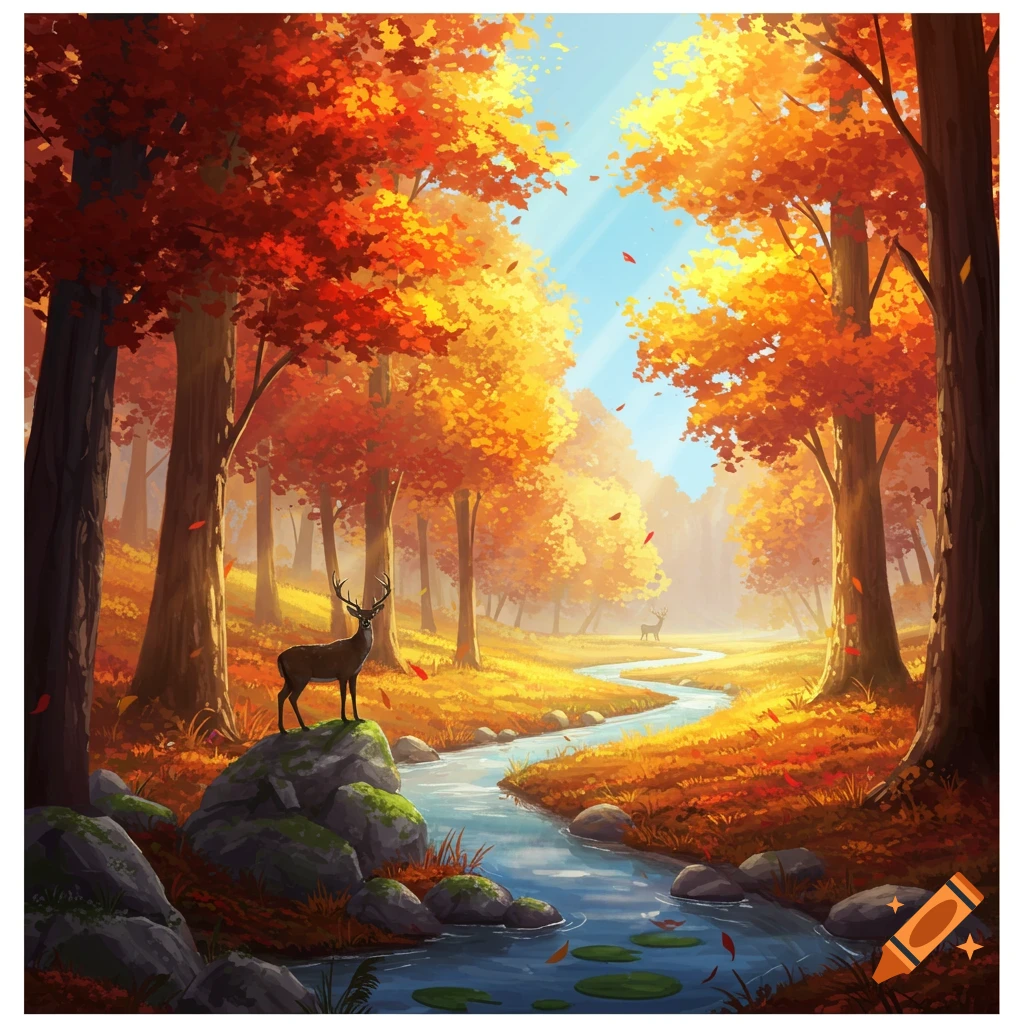 Stylized autumn forest scene with a deer on a rock next to a winding river, surrounded by trees with vibrant red and orange leaves.
