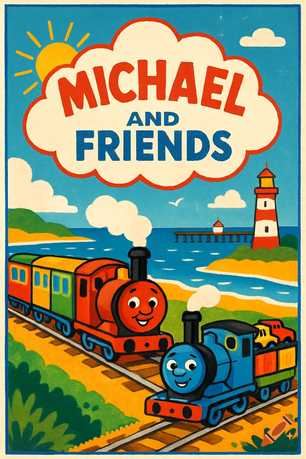Colorful children's poster of red and blue cartoon trains on tracks by a sunny seaside with a lighthouse, pier, and text 'Michael and Friends'.