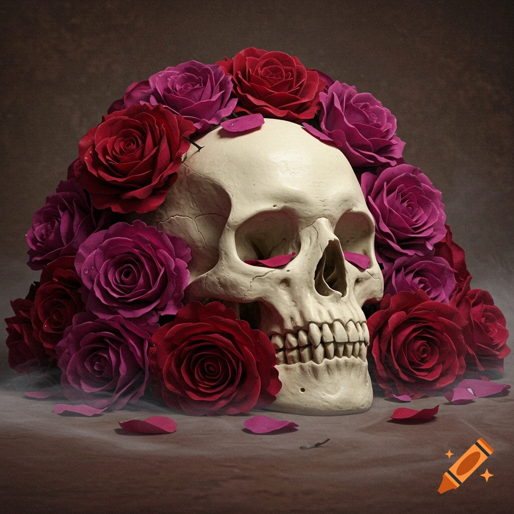 Photorealistic skull adorned with red and purple roses, with scattered petals and subtle smoke.