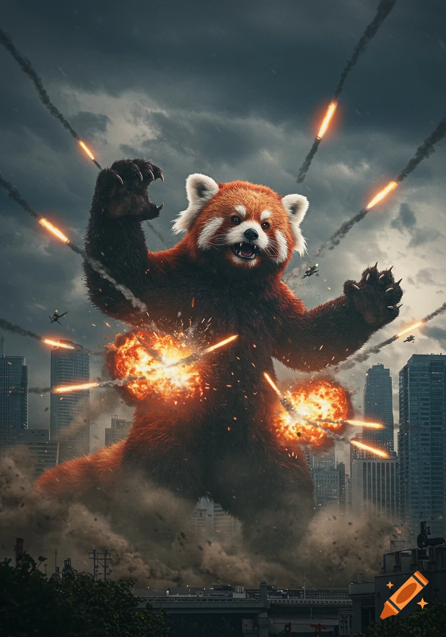 A giant red panda Kaiju roars amid city destruction, hit by missiles and explosions, with fighter jets in a stormy sky.