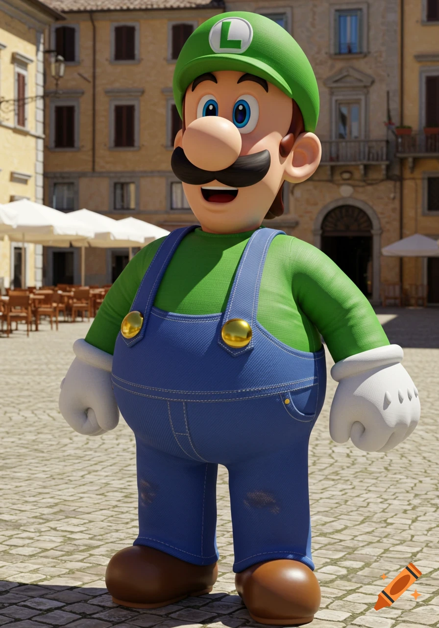 3D render of a rotund Luigi wearing his green shirt and blue overalls, standing in a sunny, cobblestone town square.