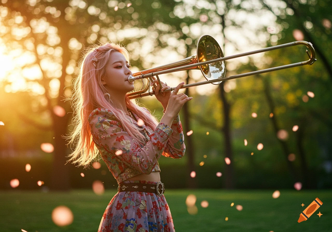 Young woman with pink hair playing a trombone in a park at sunset, with light petals floating around.