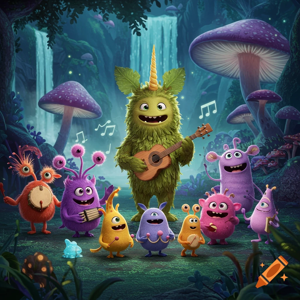 A group of colorful, fluffy cartoon monsters play musical instruments in a magical forest with waterfalls and giant mushrooms.