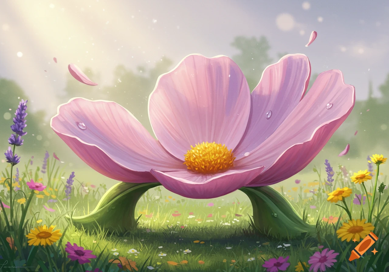 Whimsical digital art of a giant pink flower with a yellow center, folded like a bench, in a sunny field surrounded by colorful wildflowers.
