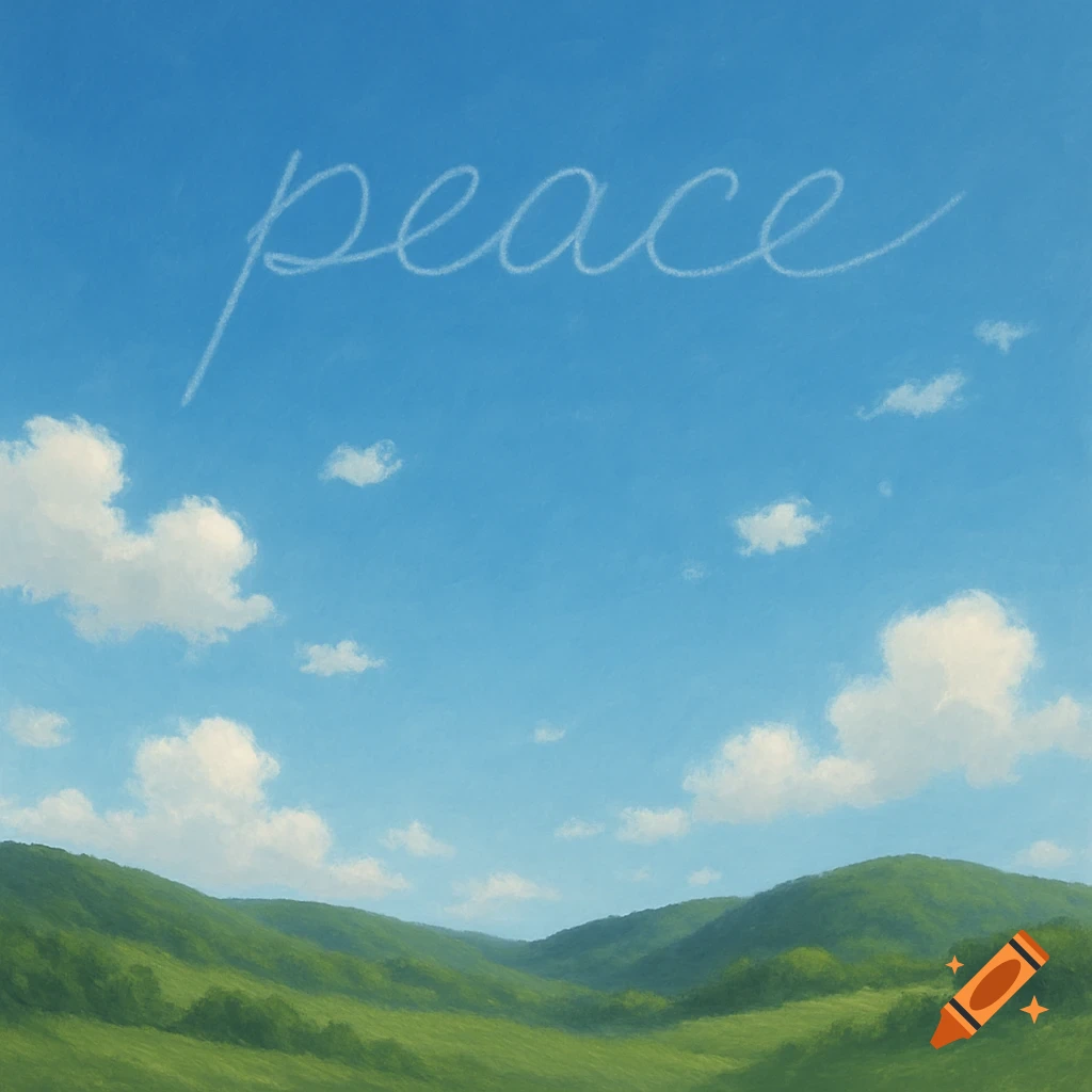 Painted landscape with green rolling hills under a blue sky with white clouds, and the word 'peace' written in wispy clouds.