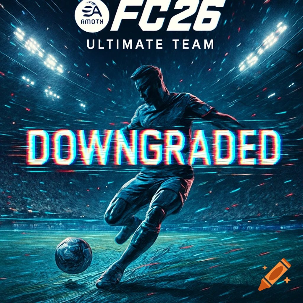 A stylized football game cover art featuring a dark silhouette of a soccer player kicking a ball on a vibrant blue and black field, with bright stadium lights. Text reads "FC26 ULTIMATE TEAM" and a large, glitchy "DOWNGRADED" across the middle. A small 'EA AMOTH' logo is in the top left.