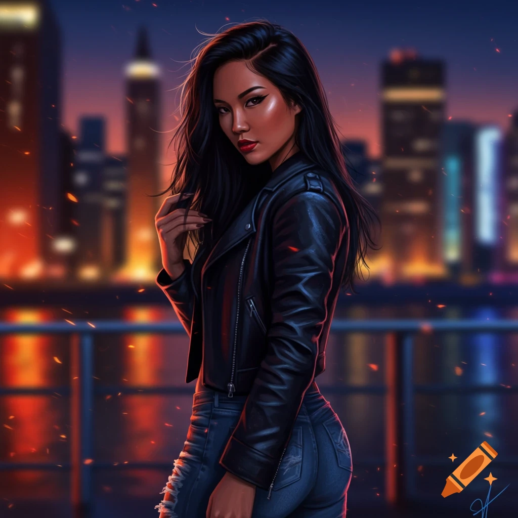 A woman in a black leather jacket and ripped jeans stands against a glowing city night skyline.