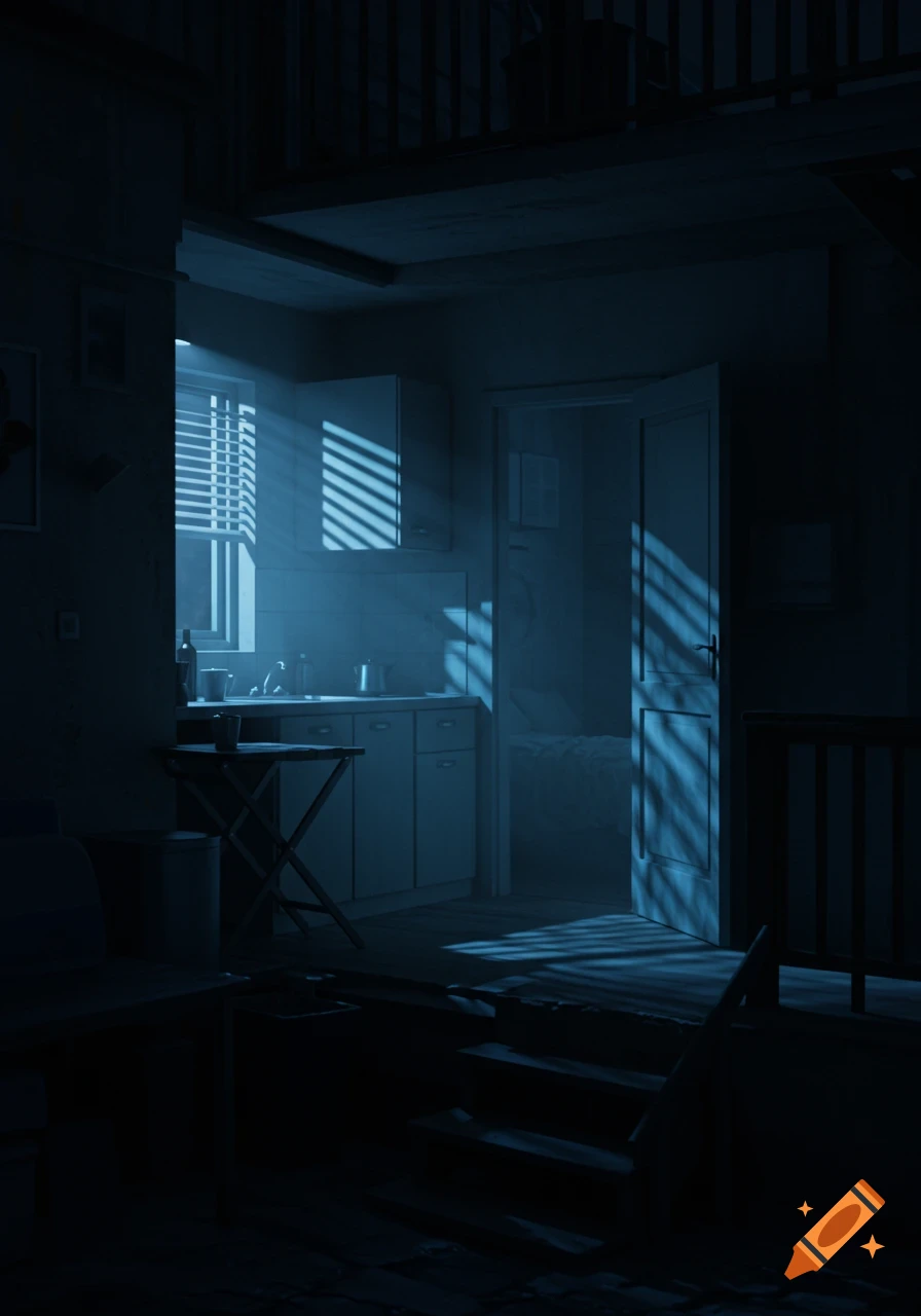 Dimly lit interior of a small apartment kitchen with pale blue light casting shadows from a window blind, a bedroom beyond. Realistic, moody night scene.