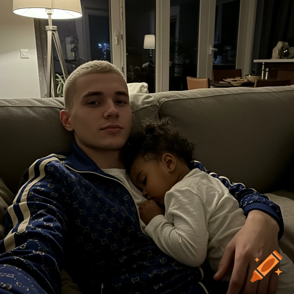 A man with a blonde buzzcut sits on a couch at night, holding a black little girl asleep on his chest. Photorealistic.
