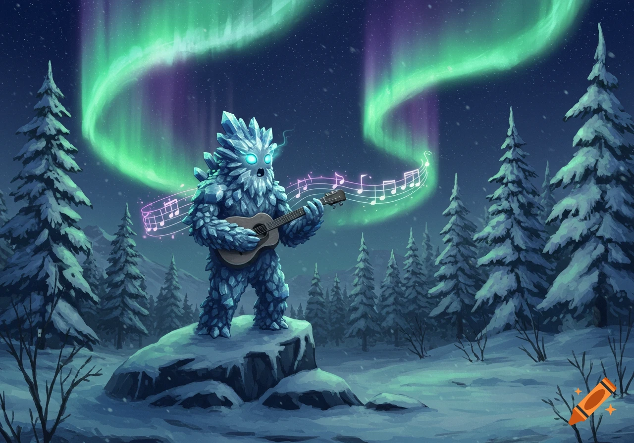 A stylized ice creature with glowing eyes plays a ukulele in a snowy forest under a vibrant aurora borealis, with musical notes floating.