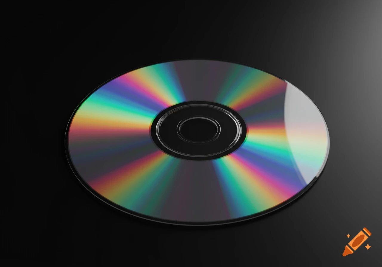 A close-up, top-down view of a shiny compact disc with rainbow reflections on a dark background.