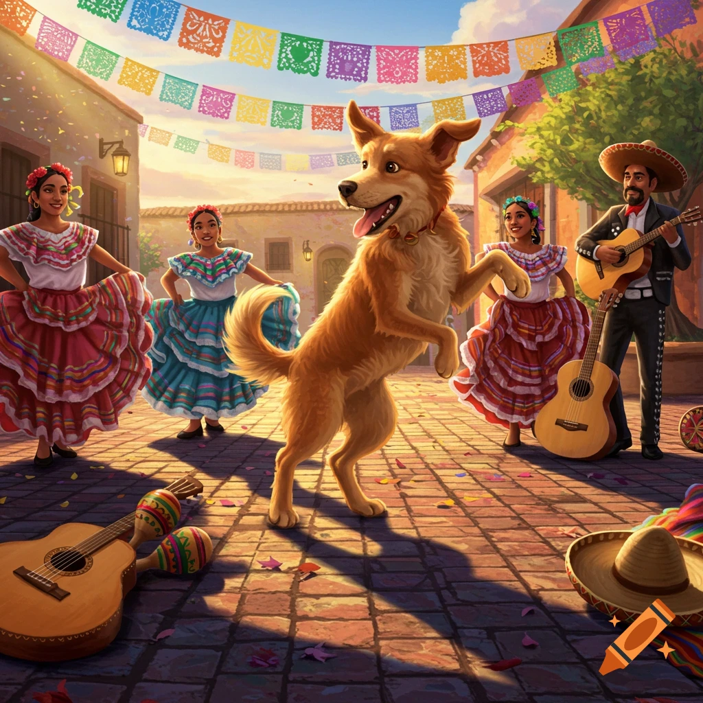 A happy brown dog dances on two legs in a festive street with people in traditional Mexican attire, colorful banners, and musical instruments.