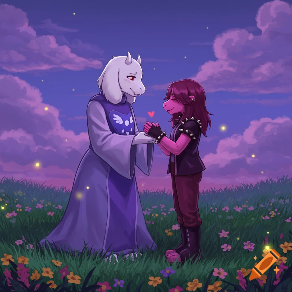 Digital art of Toriel and Susie from Deltarune holding hands in a flowery field under a pink and purple sunset sky.