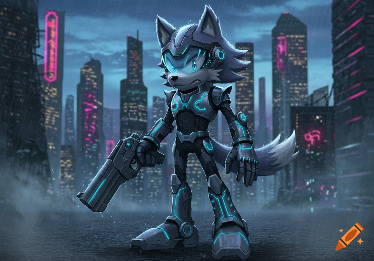 A grey wolf mobian character in glowing cyberpunk armor holds a large gun in a rainy futuristic city. Neon signs adorn the tall buildings in the background.