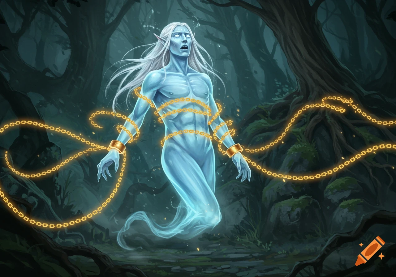 A blue elf-like ghost, bound in glowing golden chains, looks scared in a dark fantasy forest.