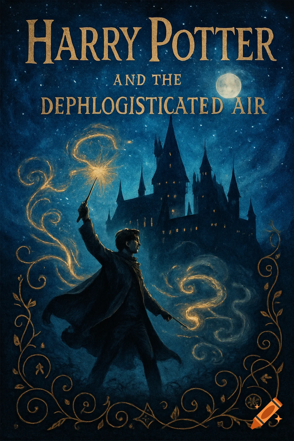 Book cover for 'Harry Potter and the Dephlogisticated Air' showing Harry Potter casting a spell in front of a dark Hogwarts castle under a starry night sky.