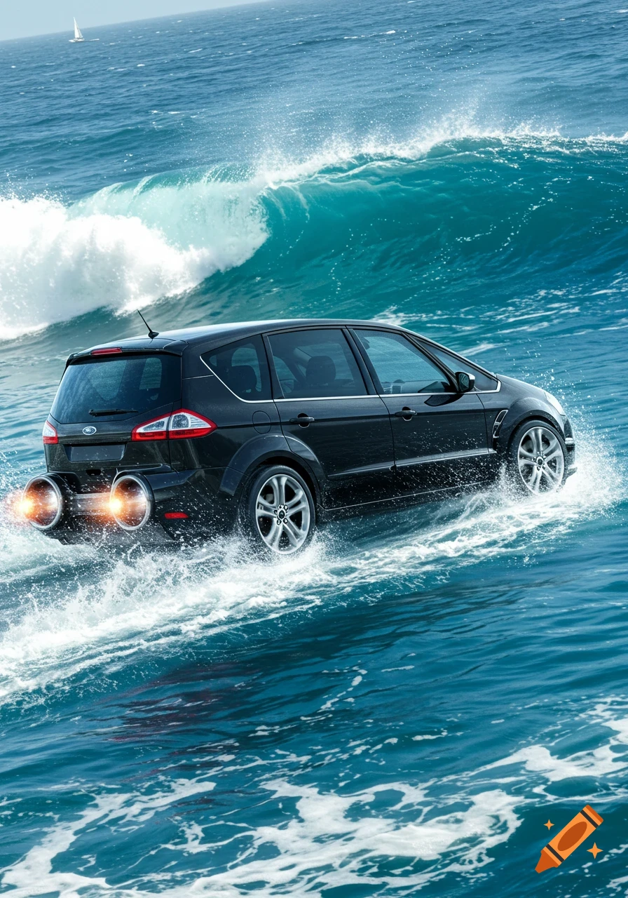 A black Ford S-Max, modified with jet engines, acts as a speedboat, struggling through large ocean waves. Photorealistic style.