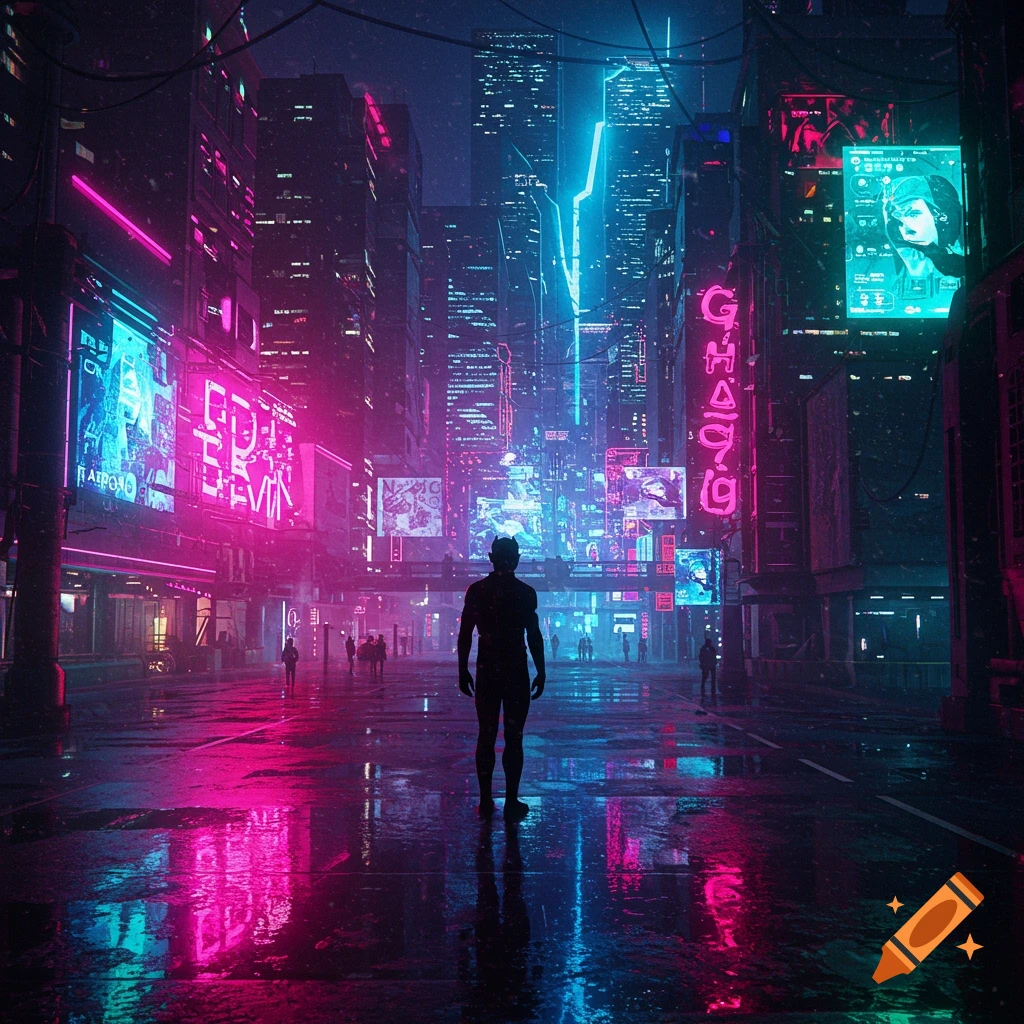 A person stands silhouetted on a wet street in a vibrant cyberpunk city, reflecting neon pink and blue lights from skyscrapers and signs.