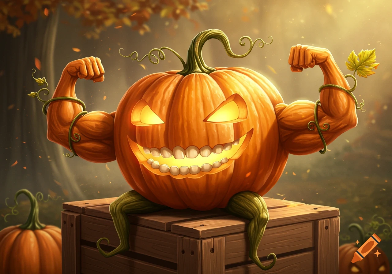 A buff jack-o'-lantern pumpkin with glowing eyes and a wide grin flexing its arms while sitting on a wooden crate in an autumn setting.